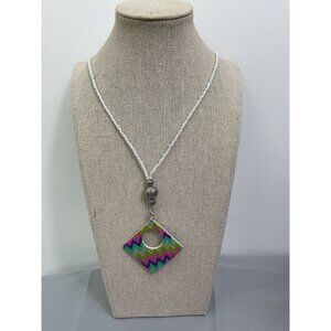 White Beaded Necklace With Colorful Chevron Pendant
